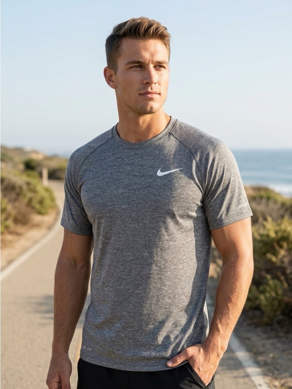 NIKE SWIM Hydroguard Dri-FIT UPF 40+ Heather Gray Short Sleeve Swim Shirt